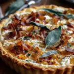 Pumpkin, Ricotta & Caramelized Onion Tart with Bacon and Sage