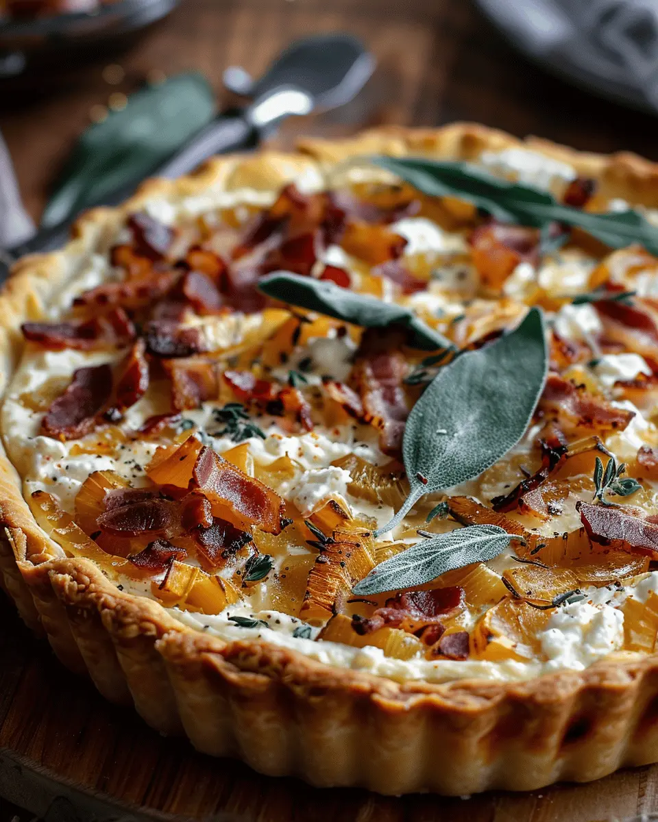 Pumpkin Ricotta Caramelized Onion Tart with Turkey Bacon & Sage Delight