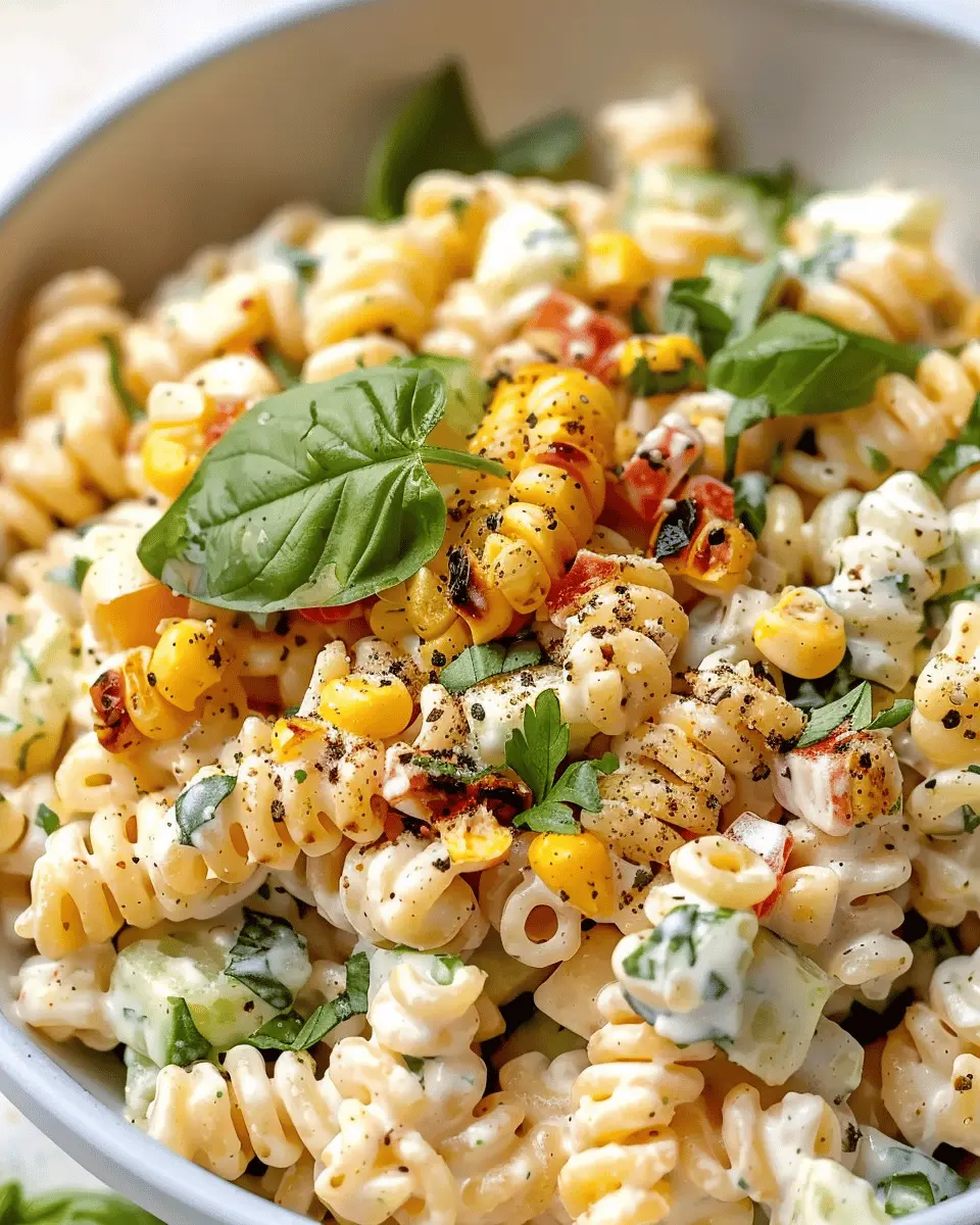 Creamy Street Corn Pasta Salad with Turkey Bacon and Chicken Ham